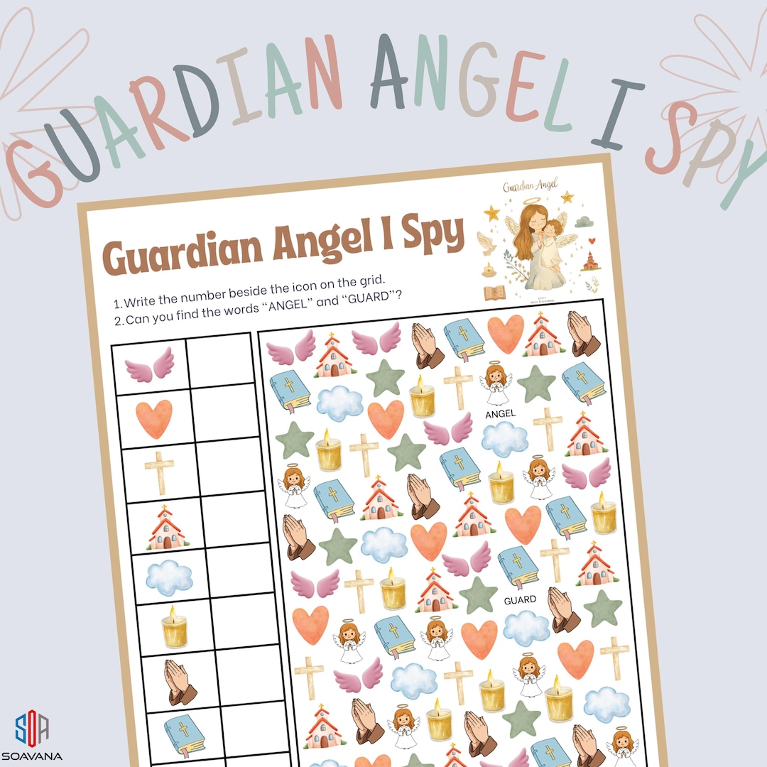 Angel Activity Page Guardian Angel I Spy Printable | Catholic Kids Activity | Angel Prayer ...