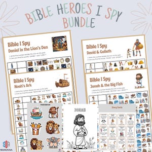 May include: A bundle of Bible-themed activity sheets. The title "Bible Heroes I Spy Bundle" is at the top. The sheets include "Bible I Spy" games featuring Daniel in the Lion's Den, David & Goliath, Noah's Ark, and Jonah & the Big Fish. Also included are sticker sheets and story cards.