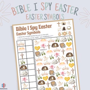 Peut inclure: Une feuille de jeu imprimable "Bible I Spy Easter Easter Symbols". La feuille présente une grille avec des illustrations sur le thème de Pâques comme des croix, des colombes et des couronnes. Le texte comprend des instructions et les mots "HOPE" et "ROMANS 6:9".