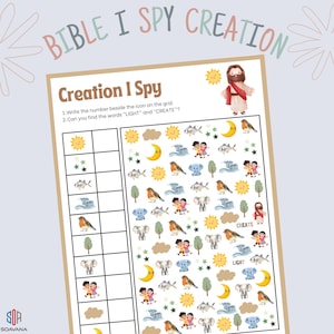 May include: A "Bible I Spy Creation" game sheet with a grid containing illustrations of a sun, moon, stars, fish, birds, and children. The words "LIGHT" and "CREATE" are printed on the sheet. A cartoon image of Jesus is at the top of the sheet.
