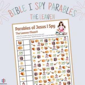 以下が含まれることがあります： 「イエス様のたとえ話 I SPY」というタイトルの印刷可能なゲーム。パン、生地を混ぜる、その他の関連画像が描かれています。テキストには指示と「生地を混ぜる」と「パン」という言葉が含まれています。