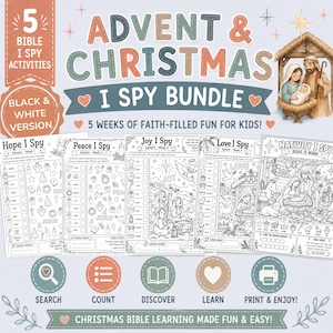Peut inclure: Un ensemble numérique de 5 feuilles d'activités imprimables en noir et blanc intitulé Advent & Christmas I Spy Bundle. Chaque page présente des illustrations religieuses, des exercices de comptage et des jeux de mots cachés sur la nativité.