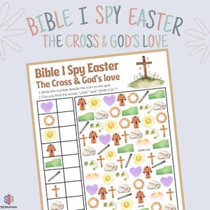 Peut inclure: Feuille d'activité 'Bible I Spy Easter The Cross & God's Love'. Elle présente une grille avec des illustrations de Pâques : croix, cœurs et soleils. Le but est de trouver et compter les images.