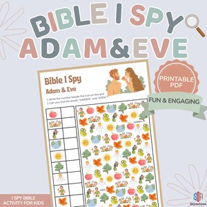 Peut inclure: Une feuille d'activité PDF imprimable intitulée "Bible I Spy Adam & Eve" avec des illustrations colorées. La feuille présente une grille avec diverses images et le texte "Fun & Engaging". La conception comprend les mots "GARDEN" et "EDEN".