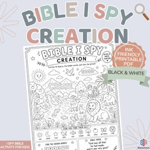 Bible I Spy Creation Coloring Activity | Black & White Christian Printable for Kids | Genesis 1 Sunday School Worksheet