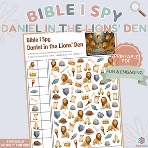 Daniel in the Lions Den Bible I Spy Printable | Christian Activity for Kids | Daniel Bible Story Worksheet | Sunday School Game