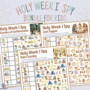 Peut inclure: Un ensemble de trois feuilles d'activités "Holy Week I Spy" pour enfants. Chaque feuille propose une grille avec des illustrations et des invites pour trouver des mots et des icônes spécifiques liés à des événements bibliques comme la Cène et le dimanche des Rameaux. Le titre "Holy Week I Spy Bundle for Kids" est en haut.