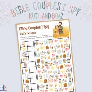 Peut inclure: Un jeu imprimable "Bible Couples I Spy" mettant en vedette Ruth et Boaz. Le jeu comprend une grille avec diverses icônes et les instructions pour trouver les mots "KINDNESS" et "LOYALTY". L'image est de style aquarelle avec des couleurs douces.
