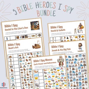 Peut inclure: Un ensemble de cinq feuilles d'activités "Bible I Spy". Chaque feuille présente une histoire biblique différente, notamment Daniel dans la fosse aux lions, David et Goliath, l'Arche de Noé, Jonas et le grand poisson et Moïse. Les feuilles ont des illustrations colorées.