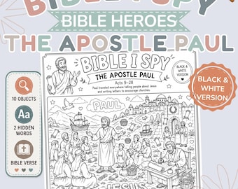 Apostle Paul Bible I Spy Coloring Page | Black & White Bible Activity for Kids | Acts 9–28 Sunday School Christian Printable PDF