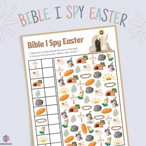 Peut inclure: Une feuille de jeu imprimable "Bible I Spy Easter". La feuille présente une grille avec des illustrations sur le thème de Pâques, telles que des croix, des anges, du pain et un lever de soleil. Le texte "Bible I Spy Easter" est en haut.