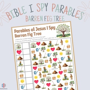 Può includere: Un colorato foglio di attività "Bible I Spy Parables" con il tema "Barren Fig Tree". Il foglio include una griglia con varie illustrazioni e il testo "Parables of Jesus I Spy". Le parole "Second Chance" e "Luke 13:6-9" sono anch'esse visibili.