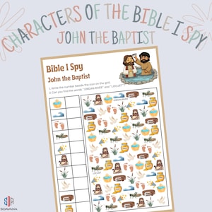 May include: A printable "Bible I Spy" game sheet featuring the theme of John the Baptist. The game includes a grid with various icons and the text "JORDAN RIVER" and "LOCUST". The title "CHARACTERS OF THE BIBLE I SPY" is arched across the top.