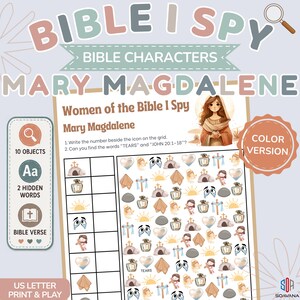 Peut inclure: Une fiche d'activité Bible I Spy sur Marie-Madeleine, avec une grille d'icônes comme des croix, des cœurs et des flacons de parfum. Le texte inclut 'Women of the Bible I Spy', 'Mary Magdalene', 'TEARS' et 'JOHN 20:1-18' avec des instructions.