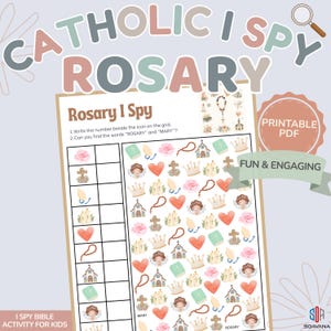 Peut inclure: Une fiche d'activité PDF imprimable intitulée Catholic I Spy Rosary présentant une grille d'icônes religieuses dont des croix, des roses, des cœurs, des couronnes, des églises et des anges. La page inclut des instructions pour compter les icônes.
