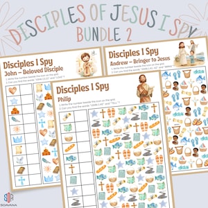 Puede incluir: Un paquete de tres hojas de actividades "Disciples I Spy". Cada hoja presenta una cuadrícula con varias ilustraciones de acuarela y texto. Las hojas se titulan "John - Beloved Disciple", "Philip" y "Andrew - Bringer to Jesus". El texto incluye instrucciones y versículos bíblicos.