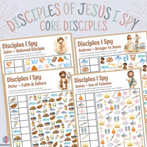 Peut inclure: Quatre feuilles d'activités colorées "Disciples I Spy". Chaque feuille présente un disciple différent : Jean, André, Pierre et Jacques. Les feuilles comprennent des illustrations et des invites pour trouver des mots et des icônes spécifiques. Le texte "Disciples of Jesus I Spy" est en haut.