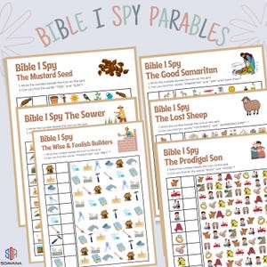 May include: A stack of Bible I Spy Parables activity sheets. Each sheet features a different parable, with illustrations and prompts to find specific words and icons. The sheets are beige with colorful illustrations.
