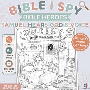 Puede incluir: Una hoja de actividades imprimible en blanco y negro titulada Bible I Spy: Samuel Hears God's Voice. La ilustración muestra a un niño sentado en una cama y a un adulto de pie en una habitación con varios objetos, como una lámpara, una cesta y una menorá.