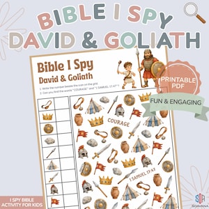 Peut inclure: Une fiche d'activité imprimable Bible I Spy sur David et Goliath. La grille contient des illustrations de couronnes, boucliers, épées, casques, tentes, pierres et drapeaux. Le texte inclut Bible I Spy David & Goliath, COURAGE et 1 SAMUEL 17:47.