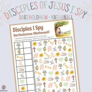 Peut inclure: Une feuille d'activité imprimée intitulée "Disciples I Spy" avec les noms de Barthélemy et Nathanaël. La feuille comprend une grille avec diverses icônes, le texte "JOHN 1:47-48" et "TRUTH", et une illustration à l'aquarelle d'une personne sous un arbre.