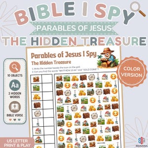 Bibel-Suchspiel „Versteckter Schatz“ zum Ausdrucken | Aktivität zum Gleichnis Jesu | Ausmal-Bibelspiel für Kinder | PDF für den Sonntagsschulunterricht | Matthäus 13