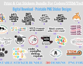 30 Printable Computer Programmer Stickers Pack,Digital Coding Sticker Bundle, Coder Stickers,Geek Sticker Set, Developer Stickers,Girl Coder