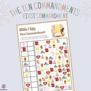 Könnte beinhalten: Ein druckbares Bibel-Suchspiel für das erste Gebot. Das Spiel zeigt ein Raster mit verschiedenen religiösen Symbolen wie Kreuzen, Herzen und Kirchen. Der Text "THE TEN COMMANDMENTS FIRST COMMANDMENT" steht oben. Das Spiel ermutigt Kinder, Wörter wie "GOD" und "WORSHIP" zu finden.