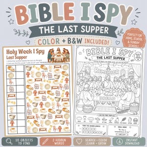 Peut inclure: Une fiche d'activité Bible I Spy sur le thème de la Cène, disponible en versions couleur et noir et blanc. La feuille en couleur présente une grille d'icônes à trouver, tandis que la version noir et blanc est un coloriage avec des objets cachés.