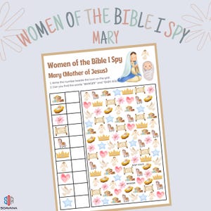 Peut inclure: Un jeu imprimable "Women of the Bible I Spy" avec Marie, la Mère de Jésus. Le jeu comprend une grille avec diverses icônes et les mots "MANGER" et "BABY JESUS". Le titre est dans une police décorative, avec un design floral bleu clair et rose.