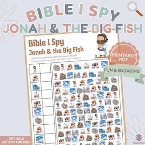 Peut inclure: Une feuille d'activité imprimable Bible I Spy intitulée Jonah & The Big Fish. La page présente une grille d'illustrations colorées incluant Jonas, des poissons, des bateaux, des vagues et des cordes, avec une colonne pour compter les éléments.
