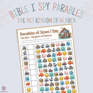 Puede incluir: Una hoja de juego imprimible "Bible I Spy Parables". El título es "La Red - Reino de los Cielos". El juego presenta una cuadrícula con varios iconos como peces, anclas y barcos. El texto incluye instrucciones y las palabras "MAT. 13:47-50" y "GOOD FISH".