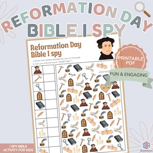Peut inclure: Une feuille d'activité imprimable Reformation Day Bible I Spy avec une grille d'icônes représentant Martin Luther, des marteaux, des clous, des fenêtres d'église, des Bibles, des plumes, des colombes, des bougies et des parchemins.