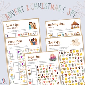 Könnte beinhalten: Ein Satz von Advent- und Weihnachts-Suchbild-Aktivitätsblättern. Jedes Blatt zeigt ein Raster mit verschiedenen Illustrationen zum Thema Feiertage und Aufforderungen, bestimmte Wörter zu finden. Die Blätter tragen die Titel "Love I Spy", "Peace I Spy", "Joy I Spy", "Hope I Spy" und "Nativity I Spy".