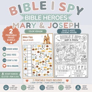 Peut inclure: Un ensemble imprimable numérique intitulé BIBLE I SPY BIBLE HEROES MARY & JOSEPH. Il comprend deux pages : une version en couleur avec une grille pour compter les icônes et une page de coloriage en noir et blanc avec Marie, Joseph et Jésus.
