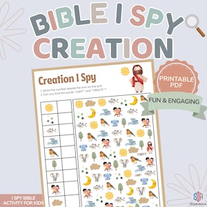 Peut inclure: Une feuille d'activité imprimable "Creation I Spy" pour enfants. La feuille de travail présente des illustrations du soleil, de la lune, des poissons, des oiseaux et d'autres images. Les mots "LIGHT" et "CREATE" sont également inclus. Le titre "BIBLE I SPY CREATION" est en haut.