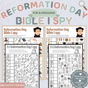 May include: A Reformation Day Bible I Spy activity set featuring two colorful worksheets and two black and white printable pages. The sheets include grids with icons like hammers, scrolls, and candles, alongside text prompts to count and find words.