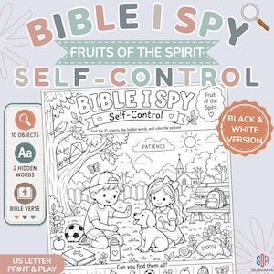 Peut inclure: Une feuille d'activité Bible I Spy en noir et blanc intitulée Self-Control. La page présente une scène de jardin avec un enfant, un chien, un banc et une église, entourée d'objets cachés à trouver, à colorier et à identifier pour un jeu.