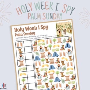 Peut inclure: Une feuille d'activité imprimée intitulée "Holy Week I Spy Palm Sunday". La feuille présente une grille avec des illustrations de ânes, de parchemins et de personnages. Le texte donne des instructions pour trouver des mots et écrire des numéros.