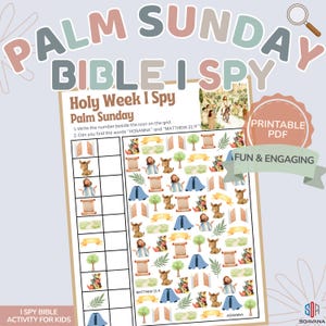 Peut inclure: Une fiche d'activité imprimable Bible I Spy pour le dimanche des Rameaux avec une grille d'icônes religieuses incluant des ânes, des parchemins, des arbres et des personnages. La page contient des instructions pour compter et trouver les mots.