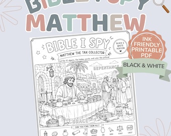 マタイ聖書「I Spy」白黒印刷可能ゲーム（子供向け）｜徴税人聖書アクティビティ｜日曜学校・家庭学習