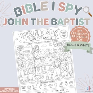 Peut inclure: Feuille d'activité PDF imprimable en noir et blanc intitulée "Bible I Spy John the Baptist". L'illustration représente Jean-Baptiste prêchant à un groupe de personnes. Comprend des invites pour trouver des objets et des mots cachés.