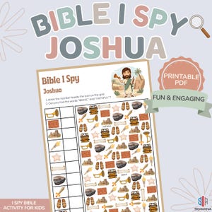 Peut inclure: Une feuille d'activité PDF imprimable "Bible I Spy" pour enfants, avec le nom "Joshua". La feuille comprend une grille avec diverses icônes et des instructions pour trouver des mots comme "BRAVE" et "FAITHFUL". Le design intègre des illustrations et une bannière "Fun & Engaging".