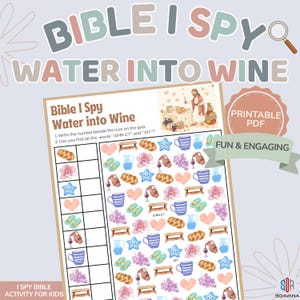 Può includere: Un'attività PDF stampabile "Bible I Spy" per bambini, con il tema "Acqua in vino". Il gioco include una griglia con varie icone e chiede ai giocatori di trovare le parole "JOHN 2:7" e "JOY".