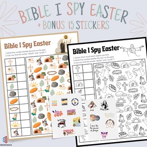 Easter Bible I Spy + 15 Christian Funny Stickers|Family Fun Printable for Kids|Christian Easter Game|Sunday School Printable|Easter Activity
