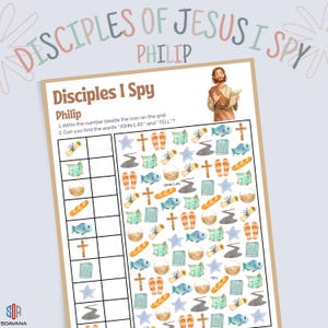 Peut inclure: Une feuille d'activité pour enfants intitulée "Disciples I Spy", avec une grille d'illustrations à l'aquarelle de symboles religieux. La feuille comprend le texte "Philip" et invite à trouver des mots et à compter des icônes.
