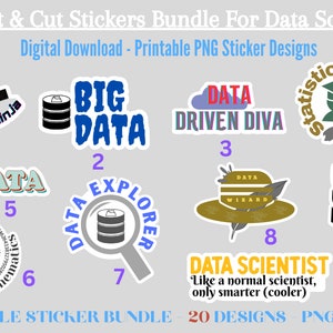 Puede incluir: Un conjunto de 10 pegatinas imprimibles para científicos de datos. Las pegatinas presentan varios juegos de palabras y diseños relacionados con los datos, que incluyen "Analytics Ninja", "Big Data", "Data Driven Diva", "Statistical Genius", "I Love Data", "Data Explorer", "Data Wizard", "Code Crunch Repeat" y "Data Scientist".