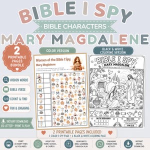 Peut inclure: Un ensemble de deux pages imprimables Bible I Spy sur Marie-Madeleine. Comprend une page d'activité en couleur avec des icônes à compter et une page de coloriage en noir et blanc avec une scène de Marie-Madeleine et Jésus, des mots cachés.