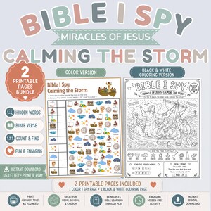 イエスが嵐を鎮める聖書「I Spy」セット｜カラー＆白黒ぬりえ｜日曜学校用印刷物｜キリスト教の子供向けアクティビティ