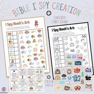 May include: Two activity sheets with the text "BIBLE I SPY CREATION" and "I Spy Noah's Ark". The sheets feature illustrations of Noah's Ark, rainbows, animals, and other related images. Includes sticker sheets with additional illustrations.